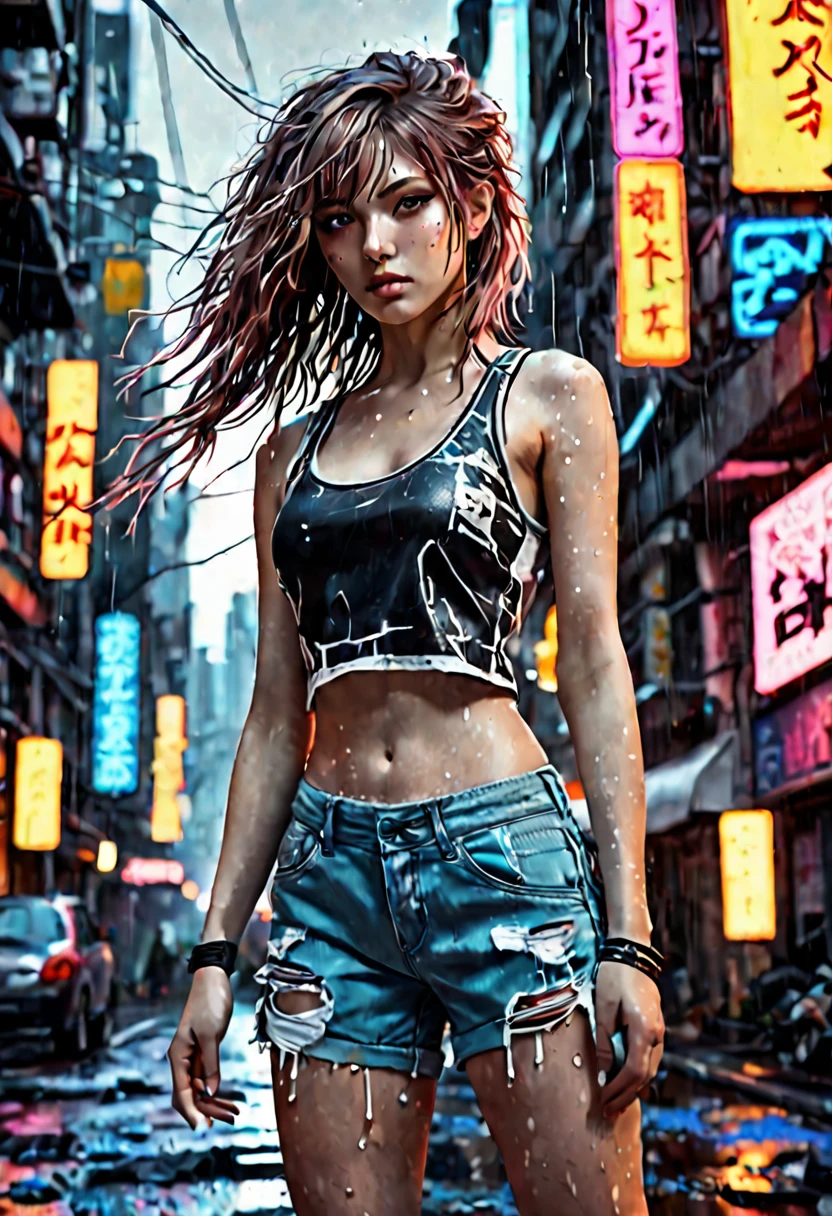 16K, High resolution, RTTX10.0, Ray Tracing, Natural light, Absurd, Top quality masterpiece, Perfect anatomy and highly detailed face, fine grain, Beautiful Hair, so beautiful, Edgy, Nice, Evil Aura, the wind is strong, Glowing Eyes, dystopian city, Futuristic, Detailed Background, Awards, Neon Light, It was a hot topic on Art Station., Climax, Sweat is splashing, (((Torn black tank top))), (((Torn blue shorts))), 自然A pose, Intense movement, color々A pose, (((dj))), Concentrated on the music