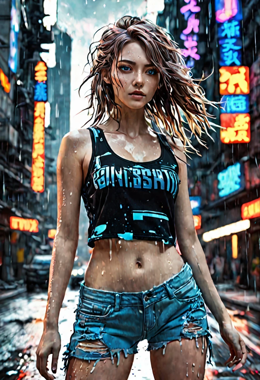 16K, High resolution, RTTX10.0, Ray Tracing, Natural light, Absurd, Top quality masterpiece, Perfect anatomy and highly detailed face, fine grain, Beautiful Hair, so beautiful, Edgy, Nice, Evil Aura, the wind is strong, Glowing Eyes, dystopian city, Futuristic, Detailed Background, Awards, Neon Light, It was a hot topic on Art Station., Climax, Sweat is splashing, (((Torn black tank top))), (((Torn blue shorts))), 自然A pose, Intense movement, color々A pose, (((dj))), Concentrated on the music