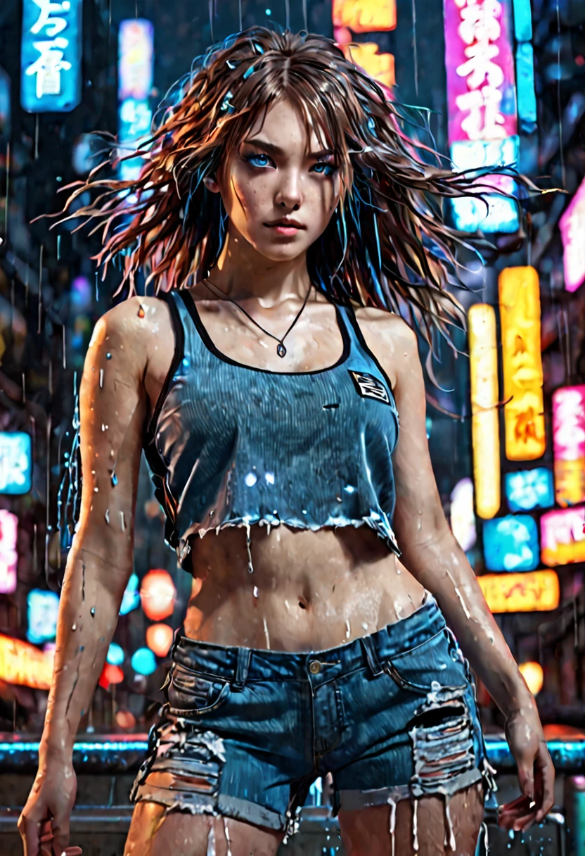 16K, High resolution, RTTX10.0, Ray Tracing, Natural light, Absurd, Top quality masterpiece, Perfect anatomy and highly detailed face, fine grain, Beautiful Hair, so beautiful, Edgy, Nice, Evil Aura, the wind is strong, Glowing Eyes, dystopian city, Futuristic, Detailed Background, Awards, Neon Light, It was a hot topic on Art Station., Climax, Sweat is splashing, (((Torn black tank top))), (((Torn blue shorts))), 自然A pose, Intense movement, color々A pose, (((dj))), Concentrated on the music