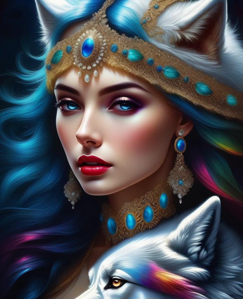 (((eternal fantasy irresistible allure detail glitter alcohol ink illustration skinny girl:1.3))), (((and an impressive white wolf with beautiful and delicate fur:1.3))), (((Radiosity rendered in stunning 32K resolution:1.3))), highest quallity, highly quality, (((Crisp clarity that is unparalleled:1.3))), (((beautiful shine detail:1.3))), imagine a visually stunning illustration of a font, extremely incredibily detailed, Intricate and insane details, incredibily detailed, ((elegant elegant insane detail:1.3)), best qualityer, Final quality, ethereal quality, ultra quality, charming beauty quality, every detail captured illustration, exquisite details of dark, rich beauty, true masterpiece, (hyperrealisti:1.3), (((holographic style coating:1.2))), (((elaborate desire:1.4))), Intricate surface detail, detailed painting, ominous colors, totally beautiful aesthetic, Absurd resolution, hauntingly beautiful, sensitive detailed texture, amazing wonderful background detail, Specialized precision, including intricate examples of undeniably amazing image quality and detailed design, (((everything captured in sharp focus:1.4))), (((rendered in stunning depth range at 32k resolution:1.3))),