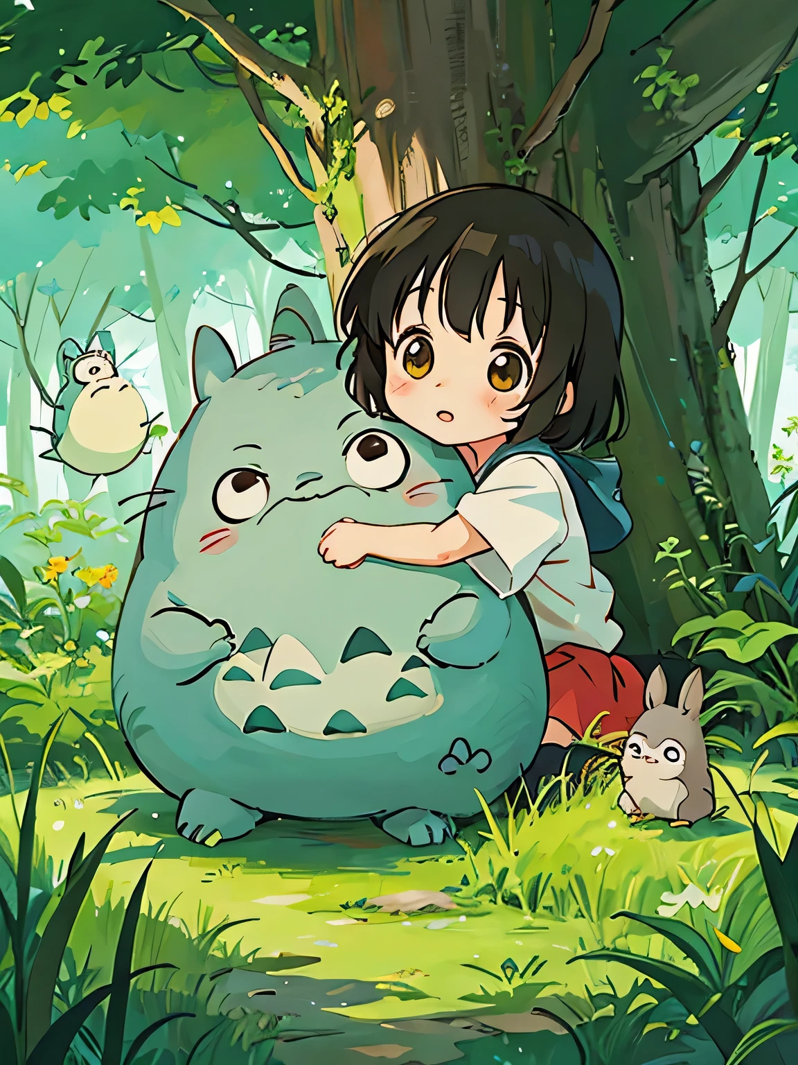 Hayao Miyazaki style、Kawaii Design, The most beautiful girl of all time、chibi, hug, TOTORO, Totoro Forest