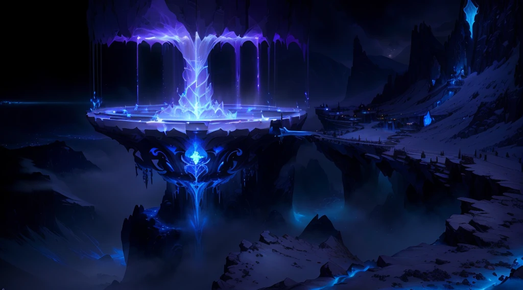there is a fountain with a blue light in the middle of a mountain, concept art magical highlight, magical concept art, concept art stunning atmosphere, matte painting arcane dota pixar, luminescent concept art, arcane concept art, league of legends concept art, 4 k resolution concept art, high resolution concept art, stunning! concept art, dramatic concept art