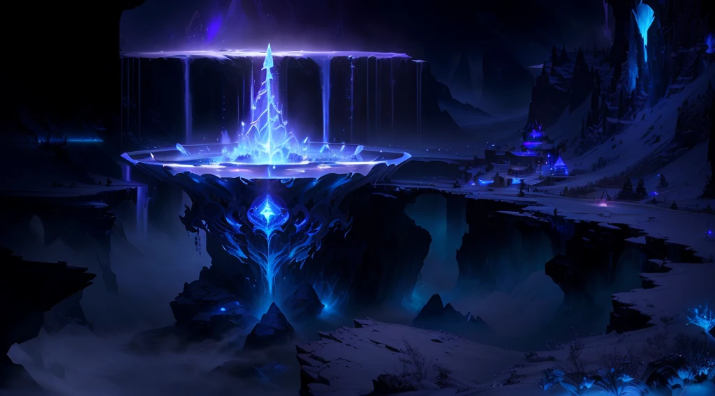 there is a fountain with a blue light in the middle of a mountain, concept art magical highlight, magical concept art, concept art stunning atmosphere, matte painting arcane dota pixar, luminescent concept art, arcane concept art, league of legends concept art, 4 k resolution concept art, high resolution concept art, stunning! concept art, dramatic concept art