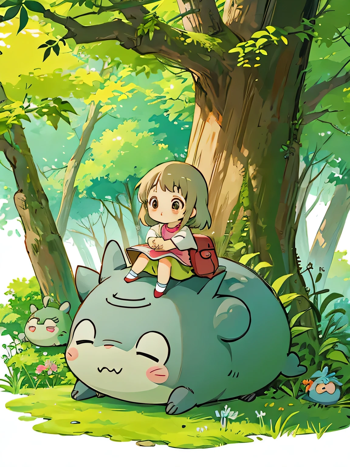 Hayao Miyazaki style、Kawaii Design, The most beautiful girl of all time、chibi, トトロにハグされる, Totoro Forest