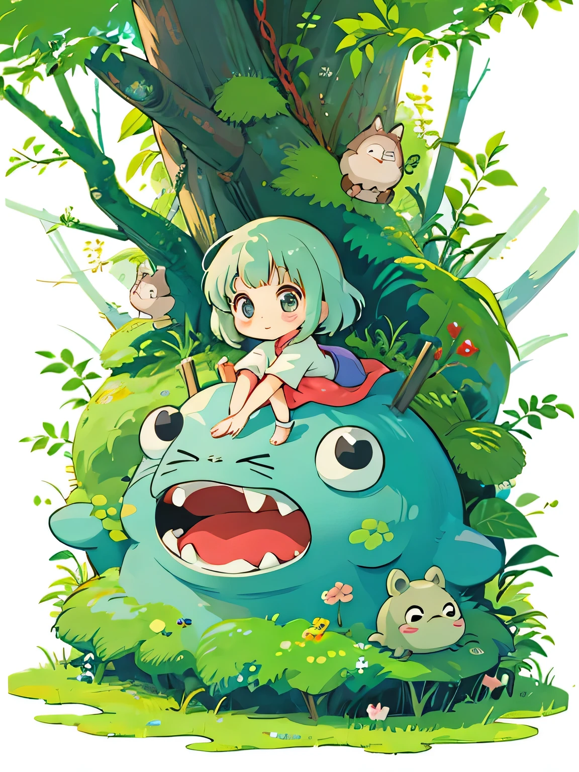 Hayao Miyazaki style、Kawaii Design, The most beautiful girl of all time、chibi, トトロにハグされる,  Totoro Forest
