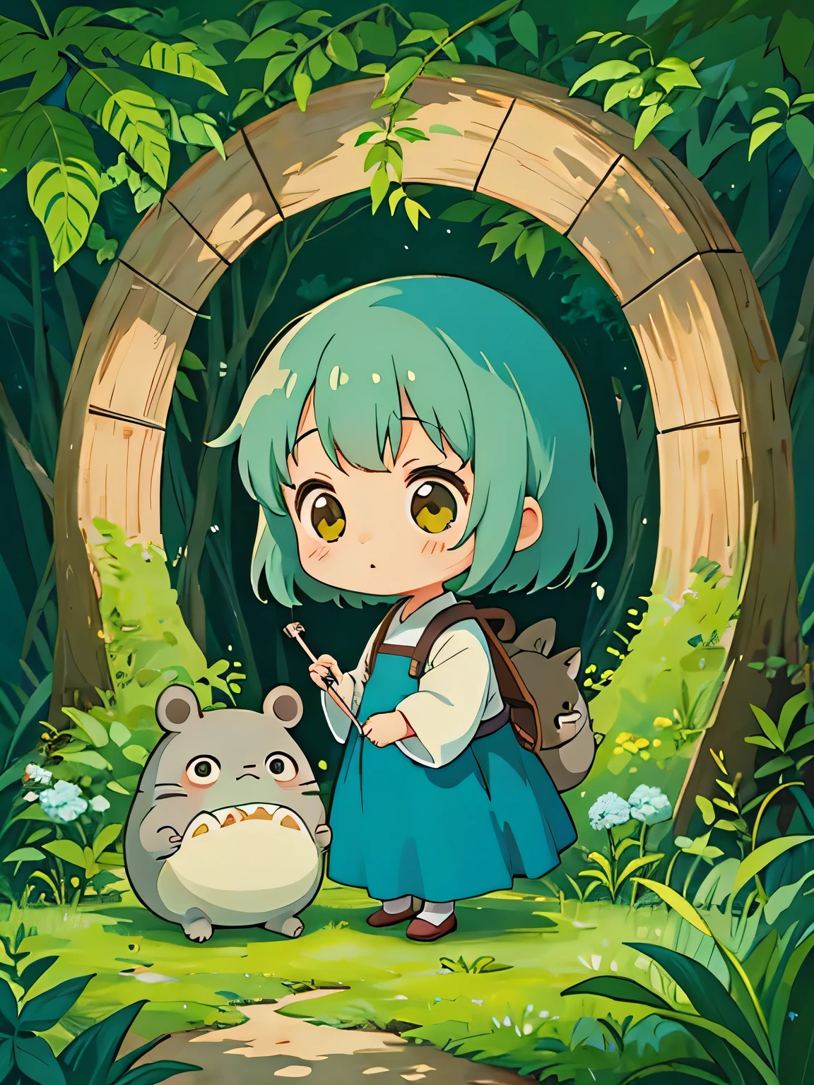 Hayao Miyazaki style、Kawaii Design, The most beautiful girl of all time、chibi, トトロにハグされる,  Totoro Forest