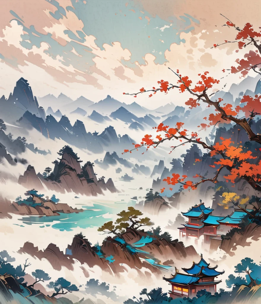 Chinese landscape painting,Cloisonné enamel,Gold trim,Exquisite craftsmanship,Modern approach,Super Fine,4k ultra high definition,Clean background,concise