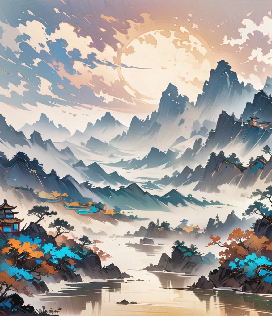Chinese landscape painting,Cloisonné enamel,Gold trim,Exquisite craftsmanship,Modern approach,Super Fine,4k ultra high definition,Clean background,concise