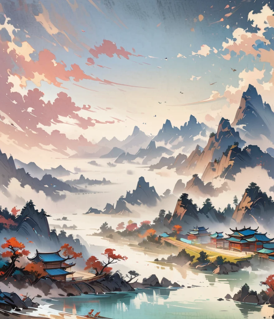 Chinese landscape painting,Cloisonné enamel,Gold trim,Exquisite craftsmanship,Modern approach,Super Fine,4k ultra high definition,Clean background,concise
