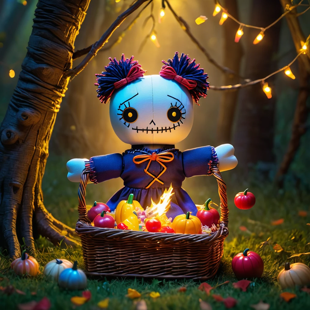 (knitted toy voodoo doll:1.7), (Voodoo Picnic:1.3), (Clothing: casual outdoor attire with glowing picnic basket symbols:1.0), (Accessories: enchanted picnic basket emitting sparks of nature magic, levitating spectral food items:1.1), (background: enchanted park with floating trees, glowing blankets, and spectral picnic-goers:1.2), best quality, masterpiece, detailed soft oil painting, detailed background, dramatic cinematic lighting, soft edge lighting, professional, dramatic lighting, hard edge lighting, ultra quality, 4k,masterpiece, best quality, 8k, ultra highres, highres, extremely detailed