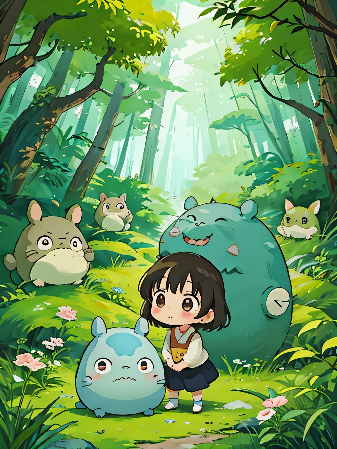 Hayao Miyazaki style、Kawaii Design, The most beautiful girl of all time、chibi, トトロにハグされる, Totoro Forest