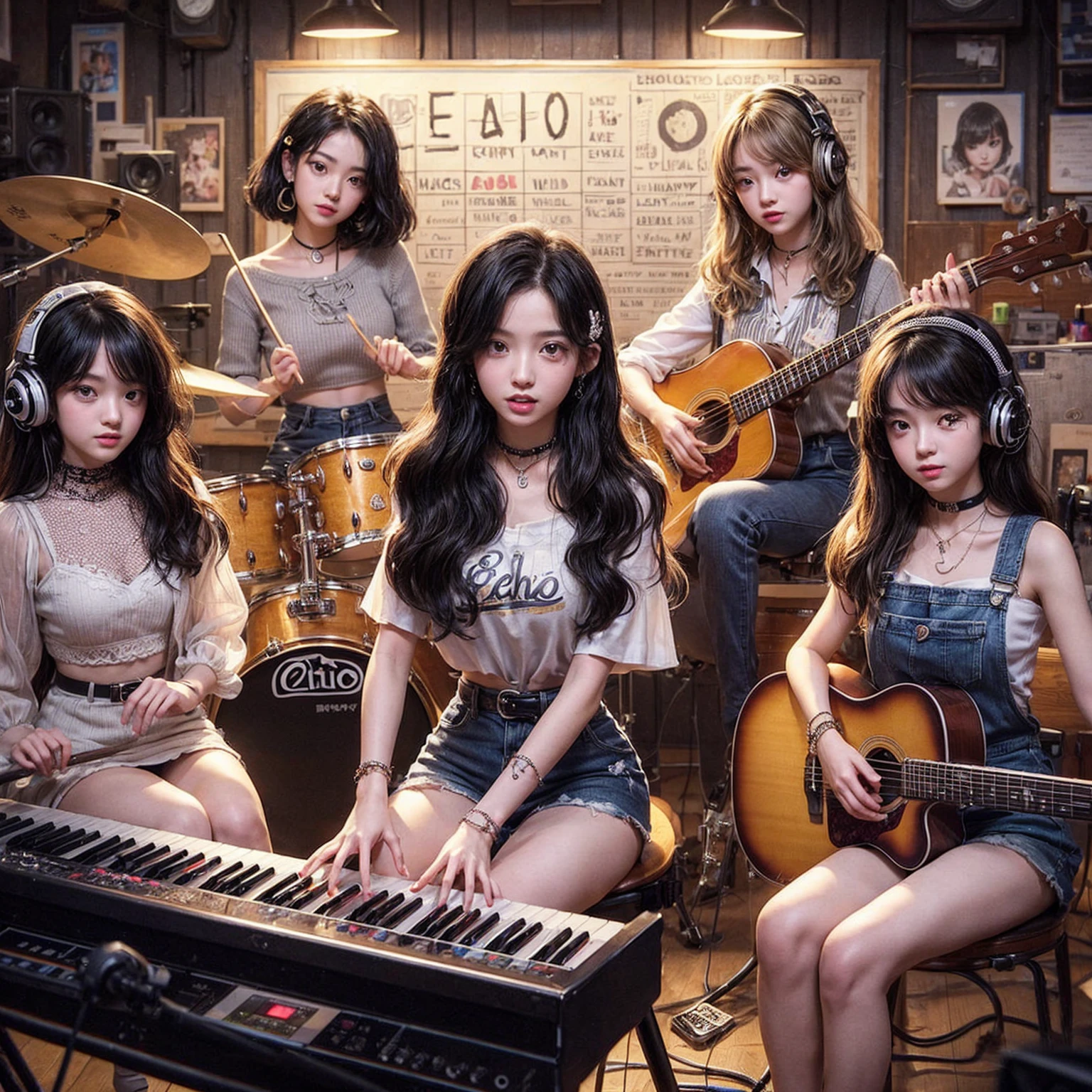 **Photo of 5 beautiful girls sitting:**

- **3 girls with messy black hair**
- **2 girls with wavy bob hair**

One girl is playing the drums, one girl is playing the piano, one girl is playing the bass guitar, one girl is playing the guitar, and one girl is singing. They are sitting behind a board with the word "ECHO" written on it. The background is a music studio, complete with drums, guitars, bass guitar, and piano. The image is ultra HD, 4k, and realistic.