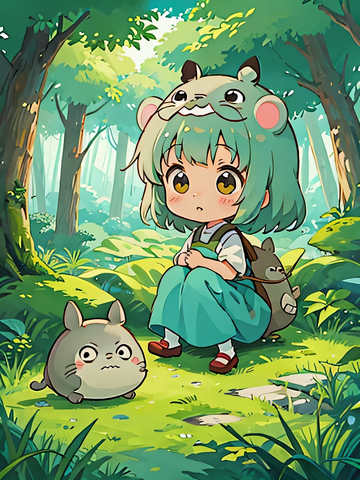 Hayao Miyazaki style、Kawaii Design, The most beautiful girl of all time、chibi, 抱っこ, Totoro Forest