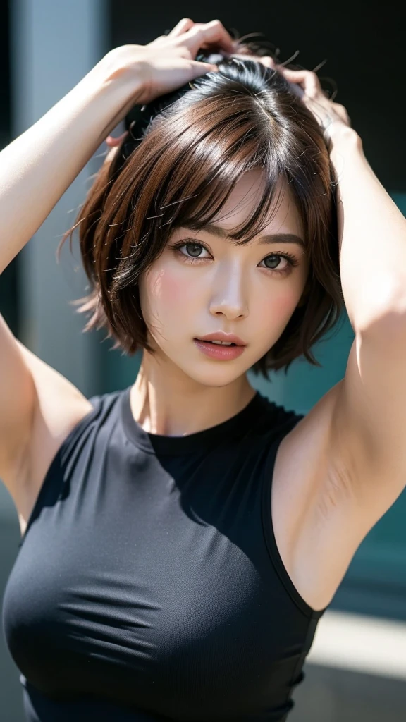 Highly detailed CG Unity 8k wallpaper, highest quality, Super detailed, masterpiece, realistic, photo realistic, Very knowledgeable cute girl, 25 years old, logic, 腹logic, round eyes, viewer, blush, parted lips, half body shot ,
sportswear , Gym, armpit, short hair