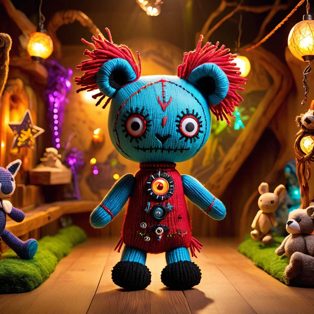 (knitted toy voodoo doll:1.7), (Voodoo Plush Monster:1.5), (Clothing: fluffy monster suit with silly eyes:1.0), (Accessories: glowing teddy bear, magical rattle, enchanted pacifier:1.2), (Background: playful nursery with colorful toys, sparkling mobiles, and joyful babies:1.2), (full body:1.0), best quality, masterpiece, detailed soft oil painting, detailed background, dramatic cinematic lighting, soft edge lighting, professional, dramatic lighting, hard edge lighting, ultra quality, 4k,masterpiece, best quality, 8k, ultra highres, highres, extremely detailed