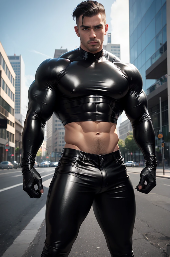 Guy wearing tight black shiny rubber crop top revealing abs,standing in middle of city,big biceps,muscular poss,wearing black leather pants,muscular body,abdominal muscles,nipples,chest,wearing black rubber gloves