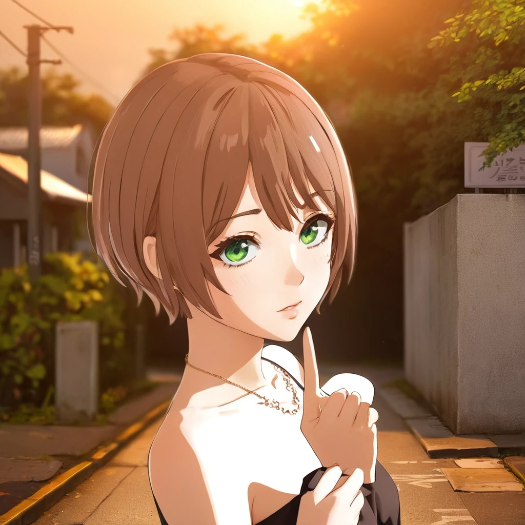 Hold up the index finger of your right hand、anime girl with brown hair and green eyes standing on a street, realistic anime 3 d style, smooth anime cg art, made with anime painter studio, anime style. 8K, anime. Soft lighting, anime styled 3d, semirealistic anime style, photorealistic anime girl render, painted in anime painter studio, realistic young anime girl, semi realistic anime