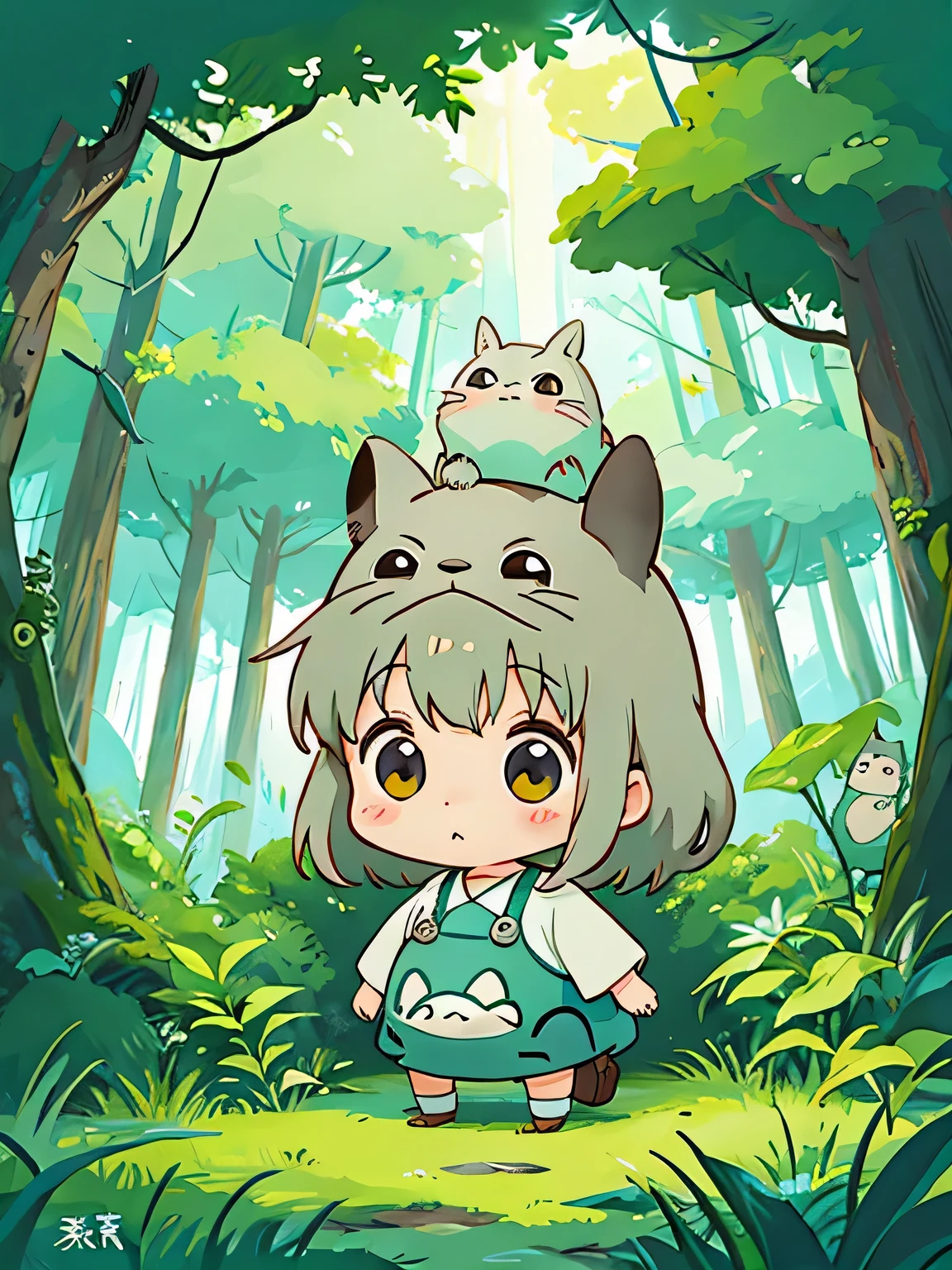 Hayao Miyazaki style、Kawaii Design, The most beautiful girl of all time、chibi, 抱っこ, ぎゅー, Totoro Forest