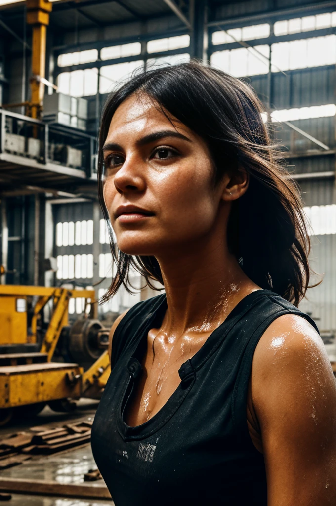 A woman on the factory floor, her face covered in sweat, but her eyes shining with determination as she operates heavy machinery.