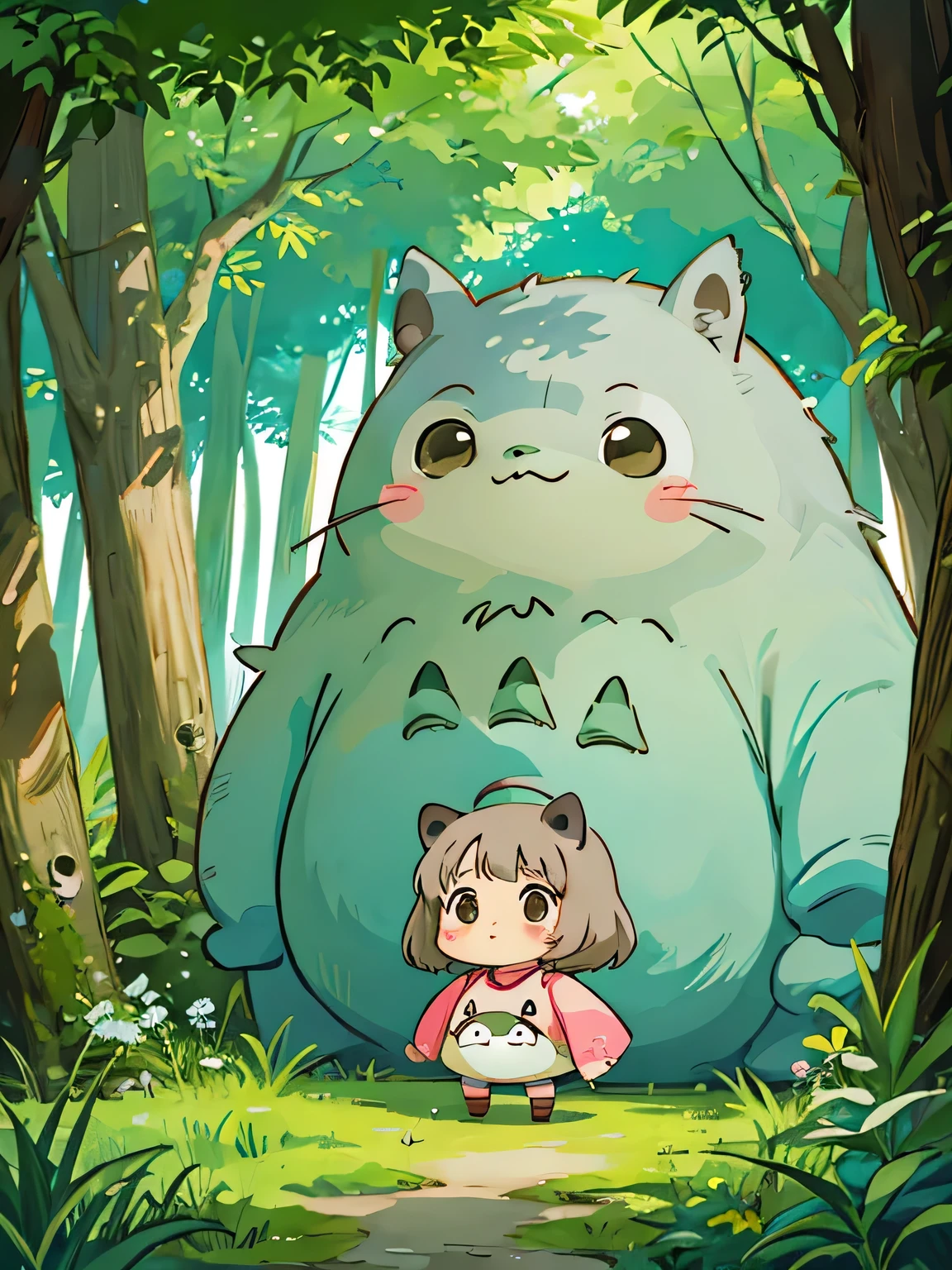 Hayao Miyazaki style、Kawaii Design, The most beautiful girl of all time、chibi, 抱っこ, ぎゅー, Totoro Forest