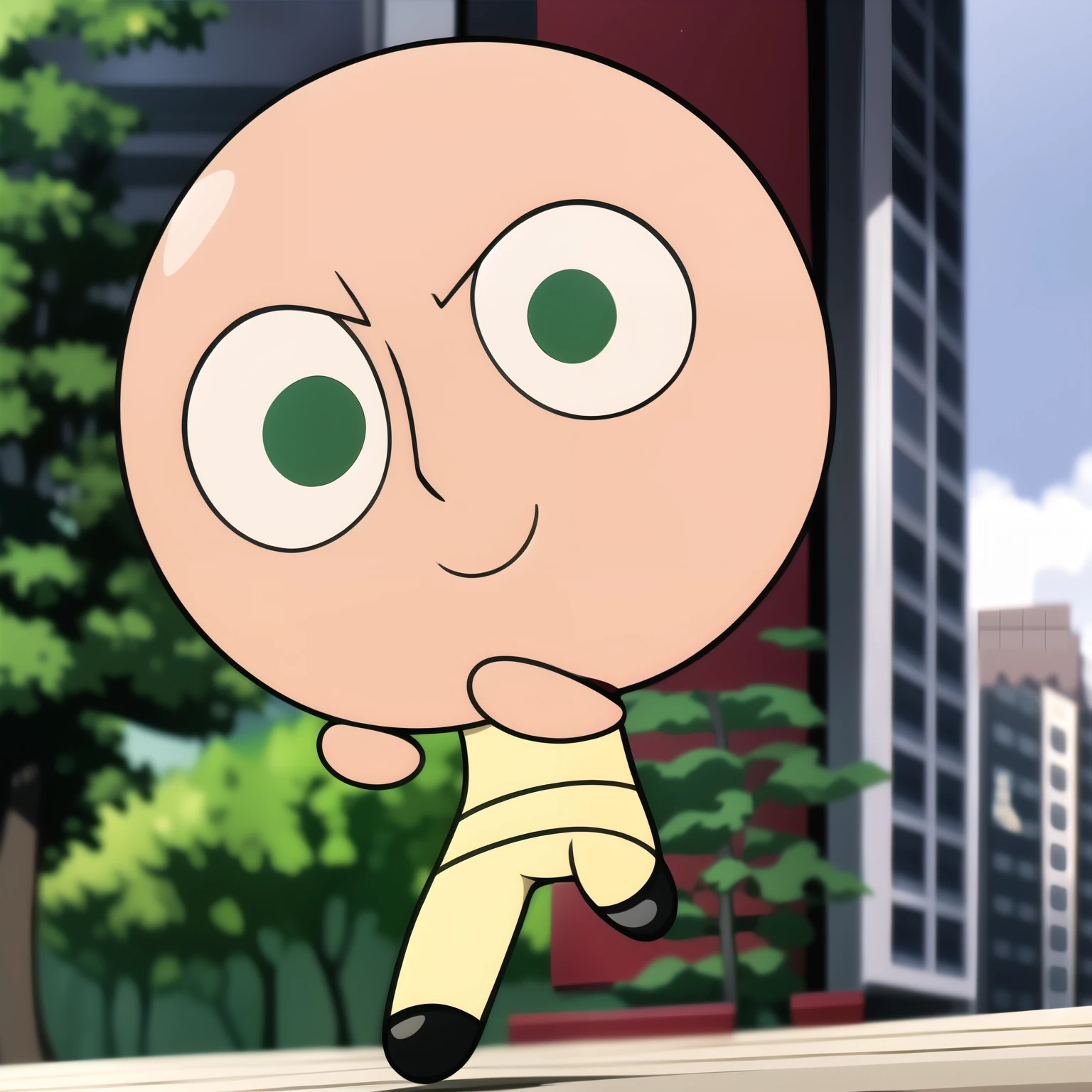 bald, saitama, one punch, white shirt, cute smile, full body, 1boy , chibi, green eyes,