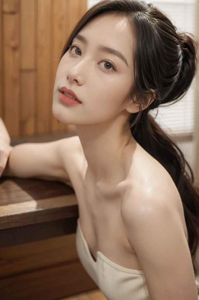 (((best quality))),(((ultra detailed))),(((masterpiece))),illustration,1girl,solo,short ponytail,slim,thin,small breasts,flat chest,strapless white bra,in kendo gym,focused and determined expression,ready for challenge,slender and elegant face,confident and resilient,fair skin,blush,neat teeth,bright smile,clean and tidy uniform,wooden gym floor,wall,pine scent,standard grip,ready to slice through obstacles,strong belief,determination,spirit of resilience,admiring,((from front,close-up of face))