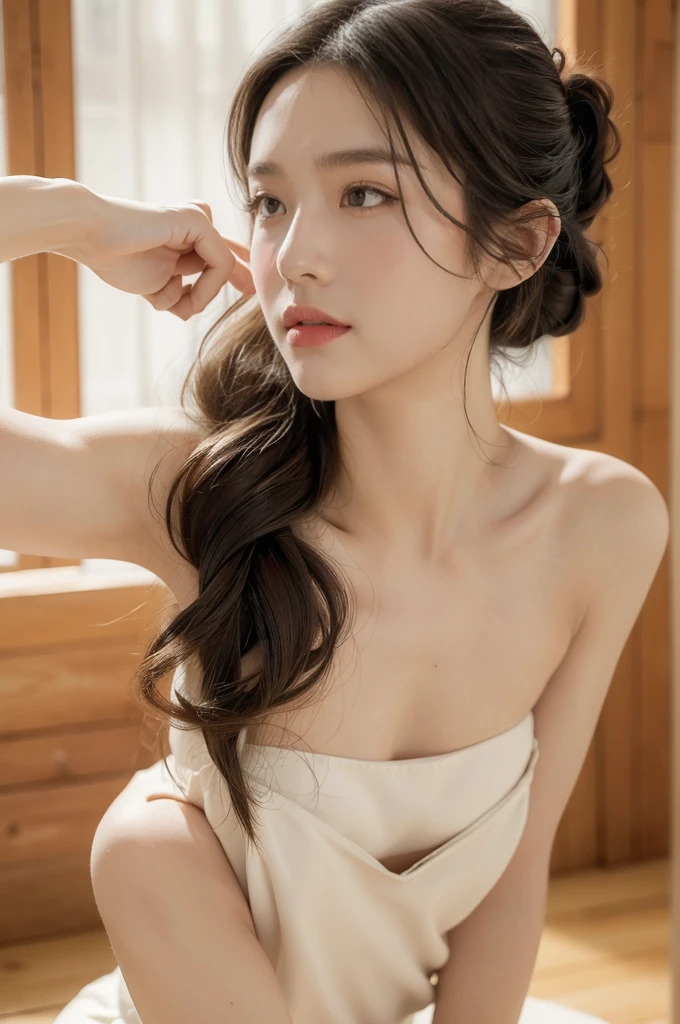 (((best quality))),(((ultra detailed))),(((masterpiece))),illustration,1girl,solo,short ponytail,slim,thin,small breasts,flat chest,strapless white bra,in kendo gym,focused and determined expression,ready for challenge,slender and elegant face,confident and resilient,fair skin,blush,neat teeth,bright smile,clean and tidy uniform,wooden gym floor,wall,pine scent,standard grip,ready to slice through obstacles,strong belief,determination,spirit of resilience,admiring,((from front,close-up of face))