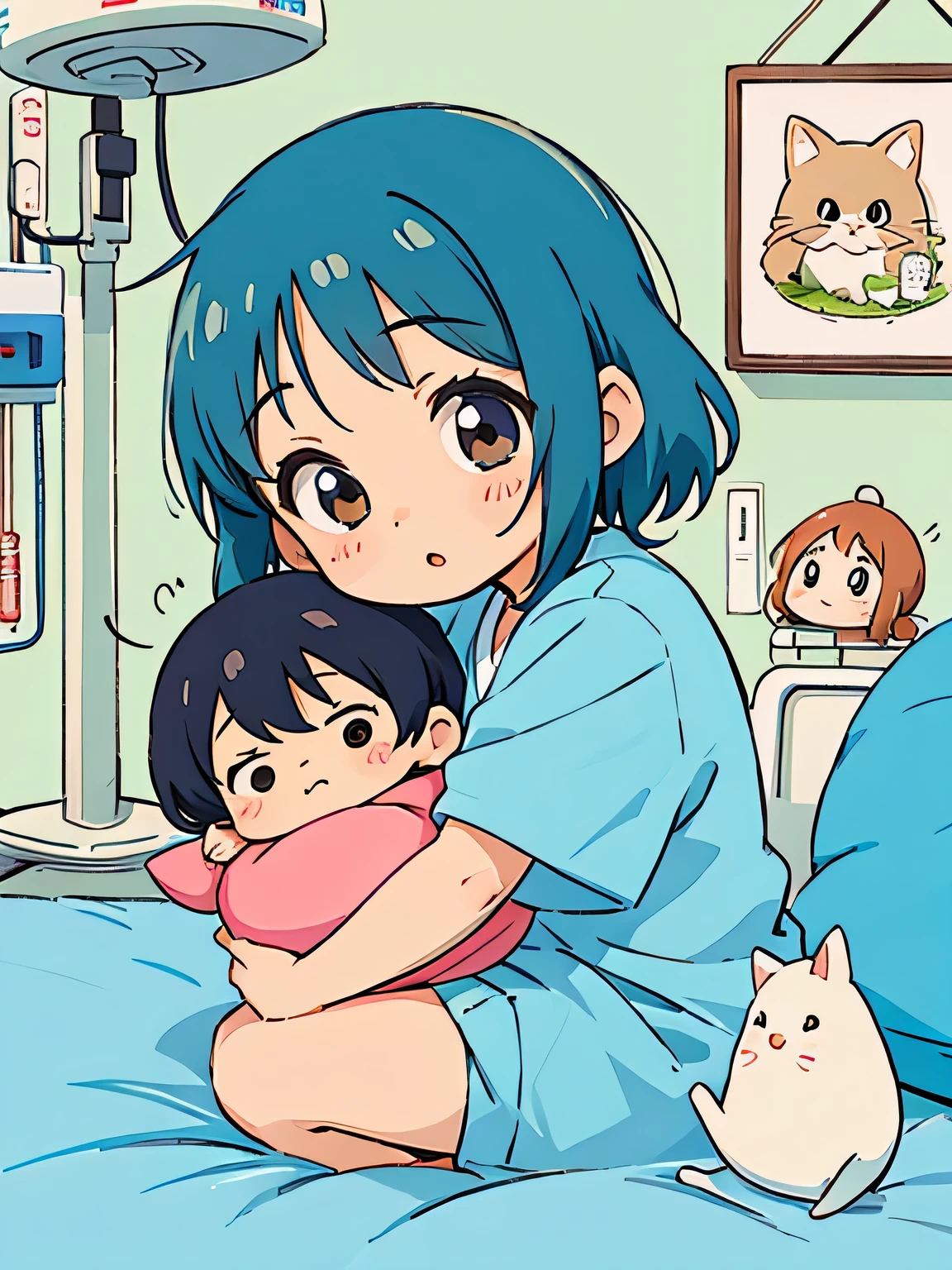 Hayao Miyazaki style、Kawaii Design, The most beautiful girl of all time、chibi, hug, hospital room