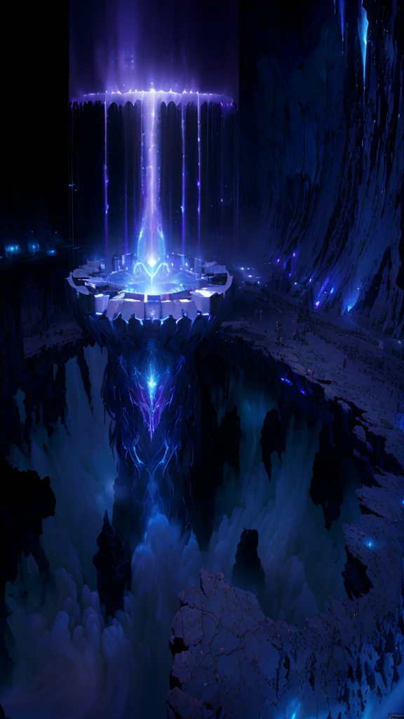 masterpiece, best quality, (extremely detailed CG unity 8k wallpaper), (best quality), (best illustration), (best shadow), absurdres, realistic lighting, (Abyss), beautiful detailed glow, art by PeterMohrBacher, there is a fountain with water coming out of it in the dark, spirits coming out of portal, majestic interstellar portal, colossale interstellar portal, depicted as a scifi scene, waterfall in asteroid field, matte painting of steam machines, studying a hell open rift portal, ice city in 2 0 8 0, portal into anotheer dimension, infinite quantum portal