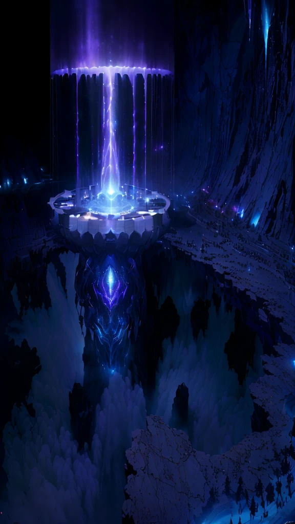 masterpiece, best quality, (extremely detailed CG unity 8k wallpaper), (best quality), (best illustration), (best shadow), absurdres, realistic lighting, (Abyss), beautiful detailed glow, art by PeterMohrBacher, there is a fountain with water coming out of it in the dark, spirits coming out of portal, majestic interstellar portal, colossale interstellar portal, depicted as a scifi scene, waterfall in asteroid field, matte painting of steam machines, studying a hell open rift portal, ice city in 2 0 8 0, portal into anotheer dimension, infinite quantum portal