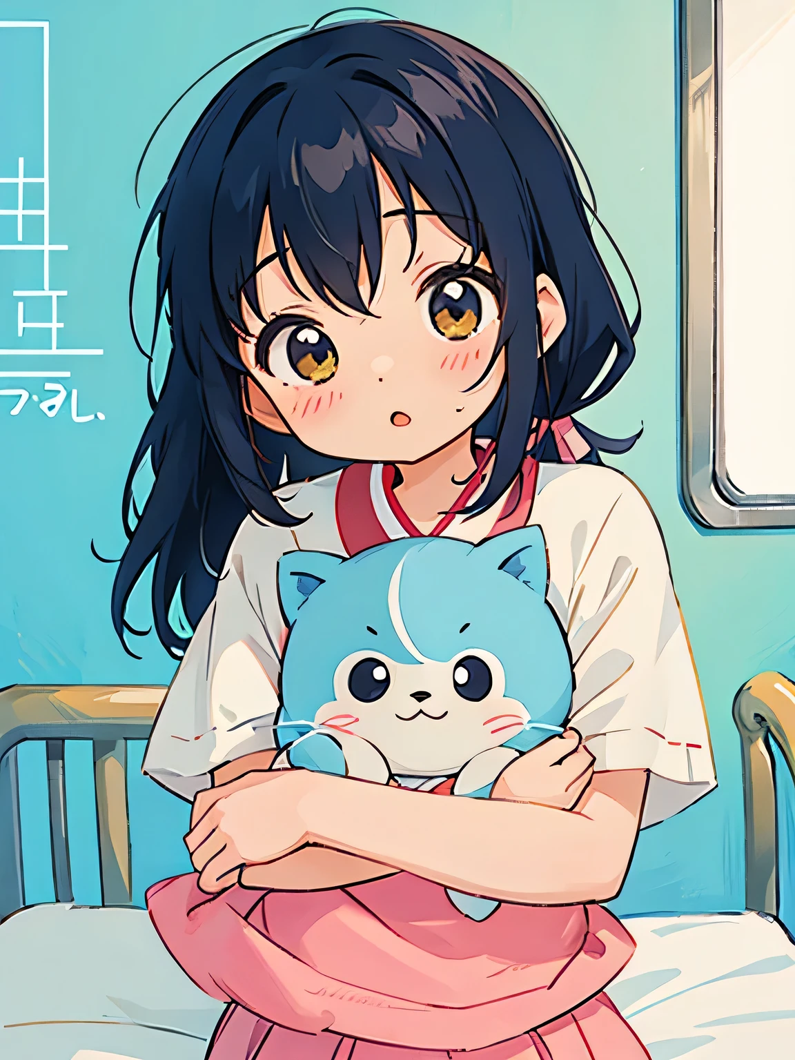 Hayao Miyazaki style、Kawaii Design, The most beautiful girl of all time、chibi, hug, hospital room