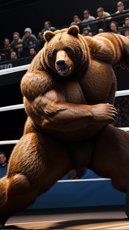 Render a realistic 3D image of a massive bear facing off against the muscular cat fighter in the ring. The bear is growling menacingly, while the cat fighter is agilely dodging a heavy swipe. The crowd is tense, watching the intense battle."