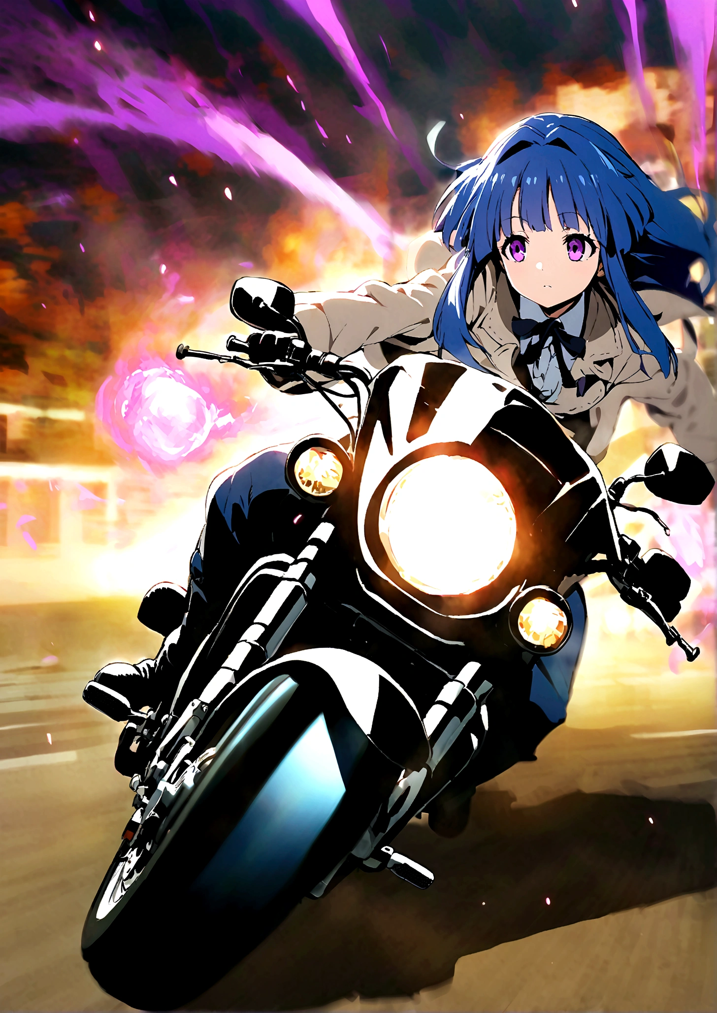 motorcycle, (furude rika), blue hair, purple eyes, magic, Motion Blur