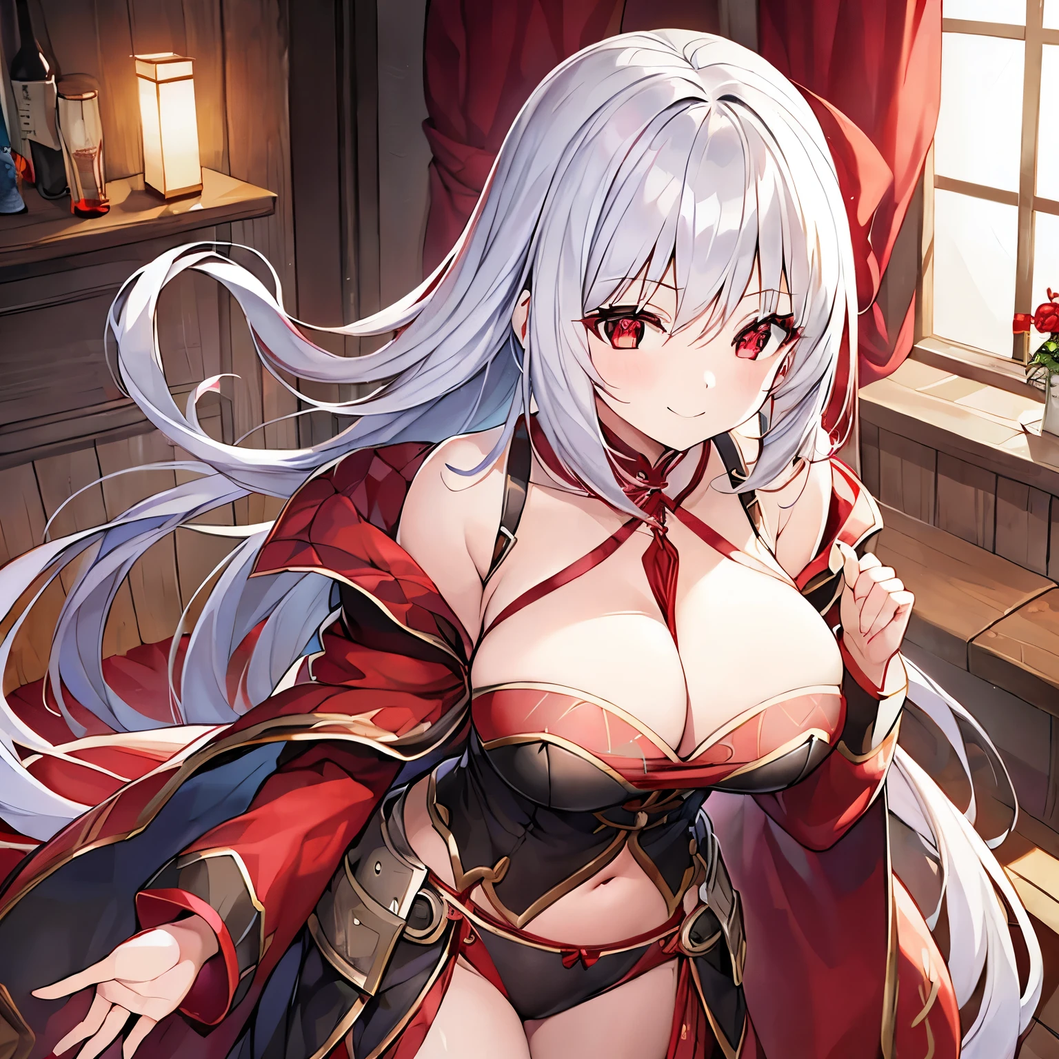 1 girl、Long silver hair、Red Eyes、((Red and black clotheedieval European fantasy))、Charm、Bigger breasts、Expose、Fan、smile、胸のExpose、Belly button、Shoulder Bare、Collarless