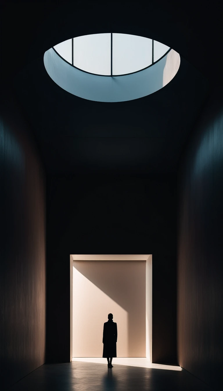 a person in a minimalist room with a skylight at the top, abstract silhouette composition, dramatic light and shadow, moody and somber atmosphere, dark background