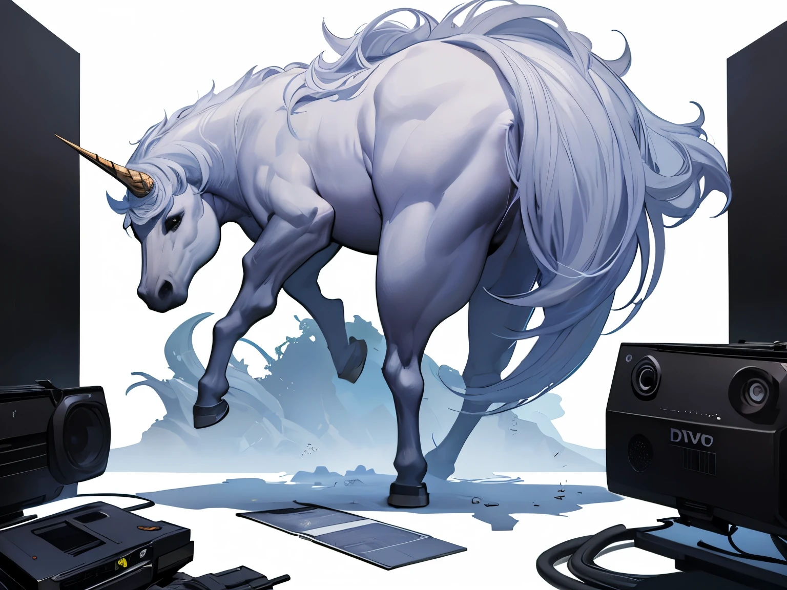 Unicorn made of dvr-frft , epic , concept art, trending on Artstation ,solid color backdrop,(white clean backdrop:1.2),Show the whole picture