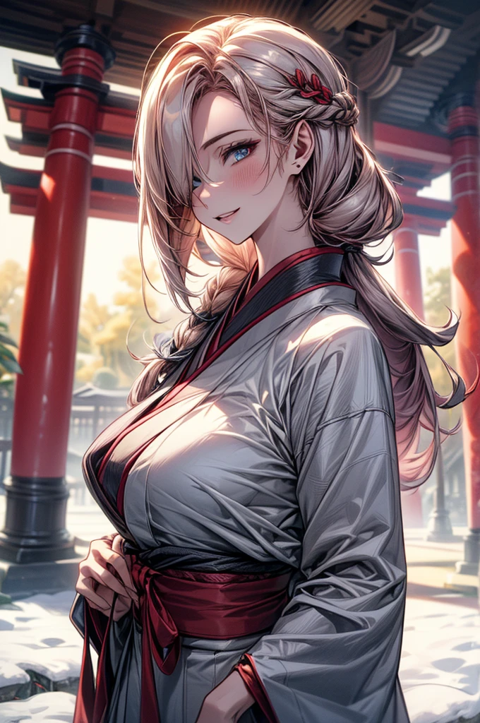 (masterpiece, best quality:1.2), (high resolution, 8K RAW photo, photo realistics, clear focus), (natural lighting, textile shading), pov, solo focus, upper body, 1 matured woman, 28 years old, (milf:1.5), raised sexy, New Year's visit, put your hand together, praying for future, smile, light Purple hair, medium long hair, hair over one eye, asymmetric hair, half updo hair, wavy hair, blue eyes, japanese clothes, kimono, at ZEN garden in Japanese temple, in front of torii gate, in winter, snowy ground with fallen snow, snowflakes, depth of field, bokeh, dynamic angle, from side, (correct anatomy, ideal ratio of body proportions), in a night, under starry sky,