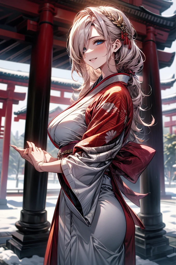 (masterpiece, best quality:1.2), (high resolution, 8K RAW photo, photo realistics, clear focus), (natural lighting, textile shading), pov, solo focus, upper body, 1 matured woman, 28 years old, (milf:1.5), raised sexy, New Year's visit, put your hand together, praying for future, smile, light Purple hair, medium long hair, hair over one eye, asymmetric hair, half updo hair, wavy hair, blue eyes, japanese clothes, kimono, at ZEN garden in Japanese temple, in front of torii gate, in winter, snowy ground with fallen snow, snowflakes, depth of field, bokeh, dynamic angle, from side, (correct anatomy, ideal ratio of body proportions), in a night, under starry sky,