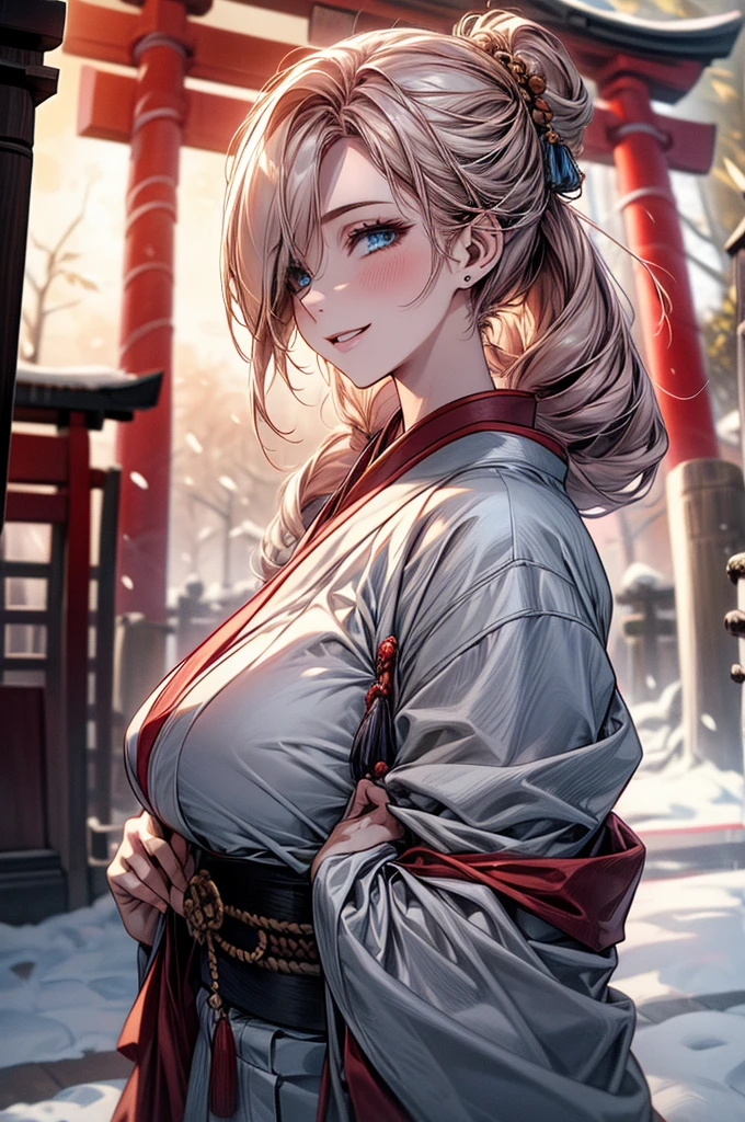 (masterpiece, best quality:1.2), (high resolution, 8K RAW photo, photo realistics, clear focus), (natural lighting, textile shading), pov, solo focus, upper body, 1 matured woman, 28 years old, (milf:1.5), raised sexy, New Year's visit, put your hand together, praying for future, smile, light Purple hair, medium long hair, hair over one eye, asymmetric hair, half updo hair, wavy hair, blue eyes, japanese clothes, kimono, at ZEN garden in Japanese temple, in front of torii gate, in winter, snowy ground with fallen snow, snowflakes, depth of field, bokeh, dynamic angle, from side, (correct anatomy, ideal ratio of body proportions), in a night, under starry sky,