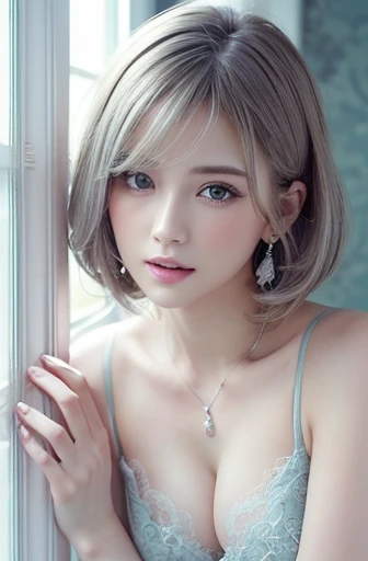 黒ワイシャツを着ている、(((Very elegant and beautiful、Perfect detail、Very detailed)))、whole body、The finest girl、The depth of the boundary is written、whole bodyが美しく細かい、Thin legs、One Girl、20-year-old、Very short hair、Spiked Hair、gray and silver hair、Beautiful and fine hair、Perfect Face、Beautiful, detailed, deep eyes、Delicate arms and hands、Pale skin、Earrings、Beautiful and gorgeous necklace、Colorful background、HD background、Blurred Background、Very delicate and beautiful、masterpiece、(((Highest quality、Very beautiful 8K CG wallpaper))、smile、黒ワイシャツ、腰までのアングル