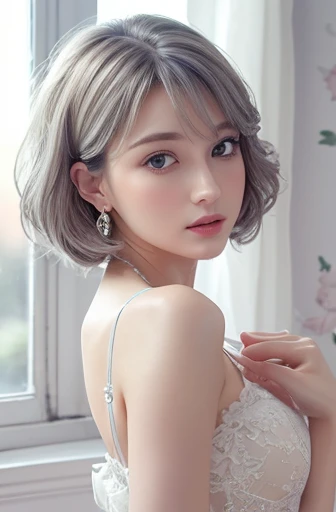 Blue lace thong&good, (((Very elegant and beautiful, Perfect detail, Very detailed))), whole body, The most detailed girl, Written boundary depth, 美しく詳細なwhole body, Thin legs, 1 Girl, 30 years old, Very short hair, Spiked Hair, Gray and silver hair, Beautiful detailed hair, Perfect Face, Expressionless, Beautiful, detailed, deep eyes, Please open your mouth a little, Delicate arms and hands, Pale skin, Earrings, Beautiful and gorgeous necklace, Colorful background, HD background, Blurred Background, Very delicate and beautiful, masterpiece, (((Highest quality, Very beautiful 8K CG wallpaper))), (((Trendy hairstyles))), (Inside the room,Stylish interior,window),