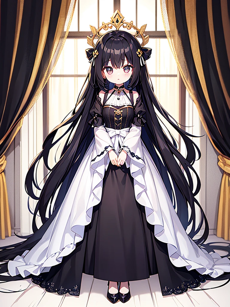 Full-body portrait、Are standing、Black Hair、Messy hair、Very long hair、Long Hair、Black revealing curtain dress