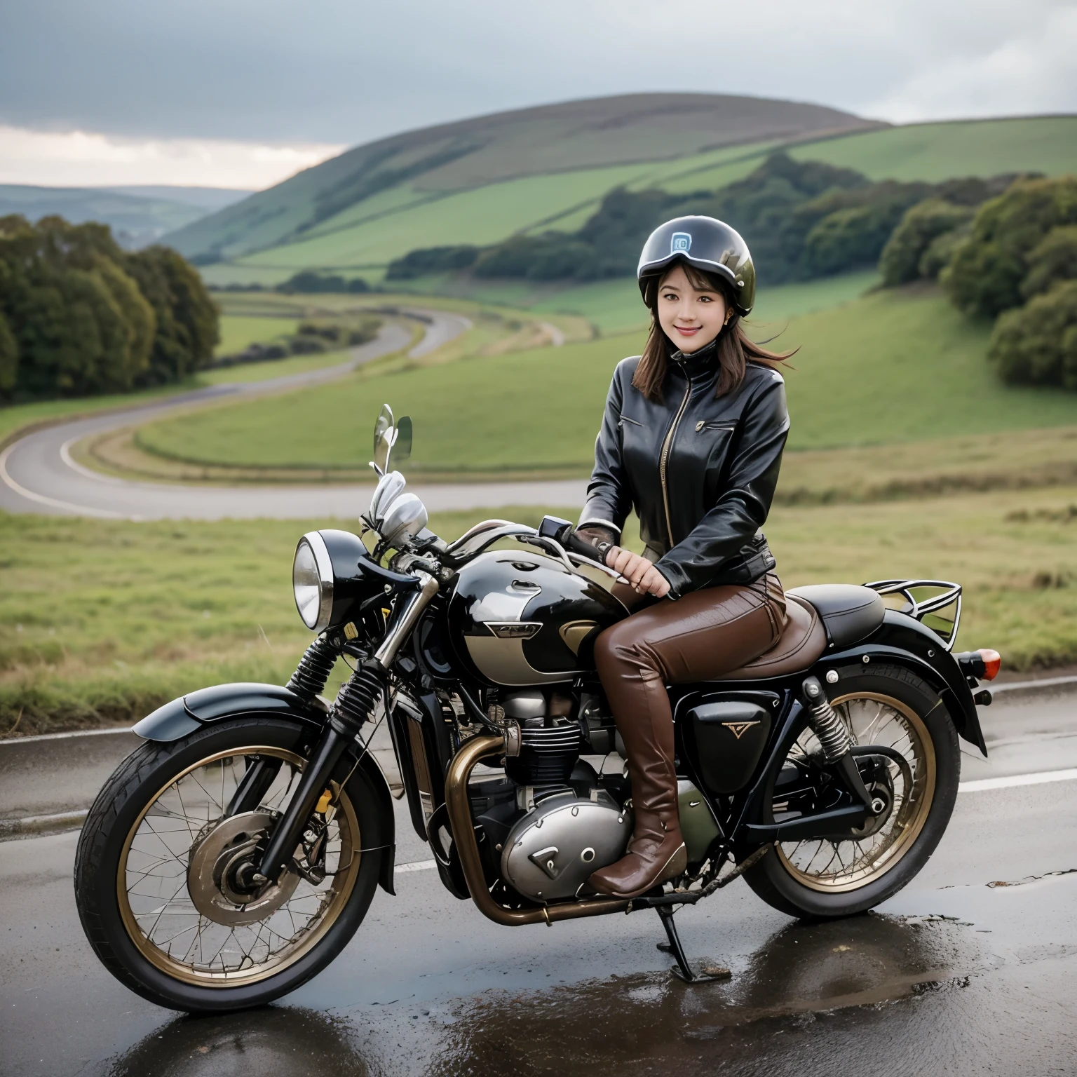 Vintage Bikes、Triumph、Isle of Man Races、Young female rider stands on the back of her bike for a photo、Leather jumper、Cromwell helmet with goggles、after the rain、English countryside landscape、