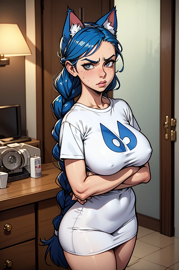 1 female, teenage cat girl, realistic lips oversized white t-shirt going all the way to the thighs, arms crossed under breast, hourglass figure, white eyes, french braid, blue hair, annoyed, cat ears, in an apartment, best quality
