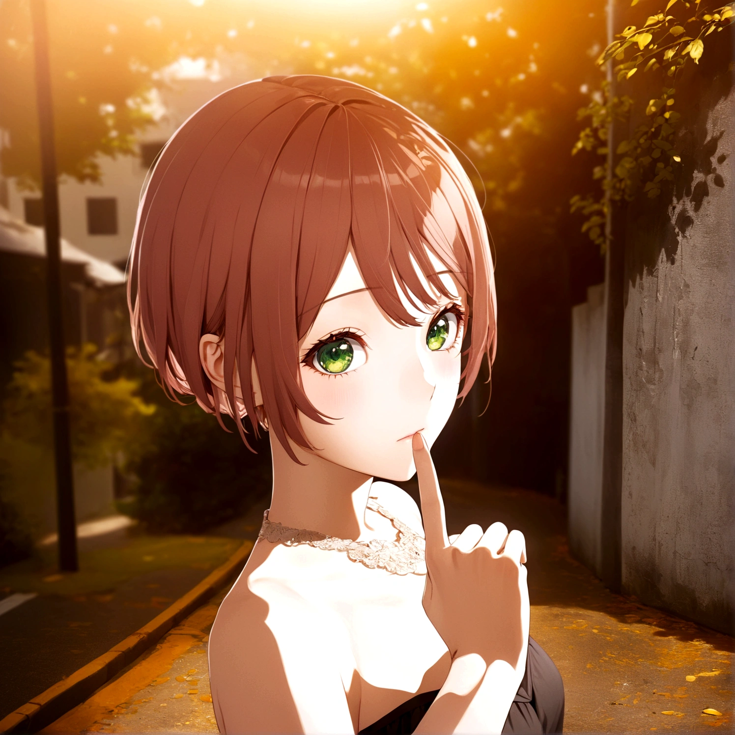 Hold up the index finger of your right hand、anime girl with brown hair and green eyes standing on a street, realistic anime 3 d style, smooth anime cg art, made with anime painter studio, anime style. 8K, anime. Soft lighting, anime styled 3d, semirealistic anime style, photorealistic anime girl render, painted in anime painter studio, realistic young anime girl, semi realistic anime