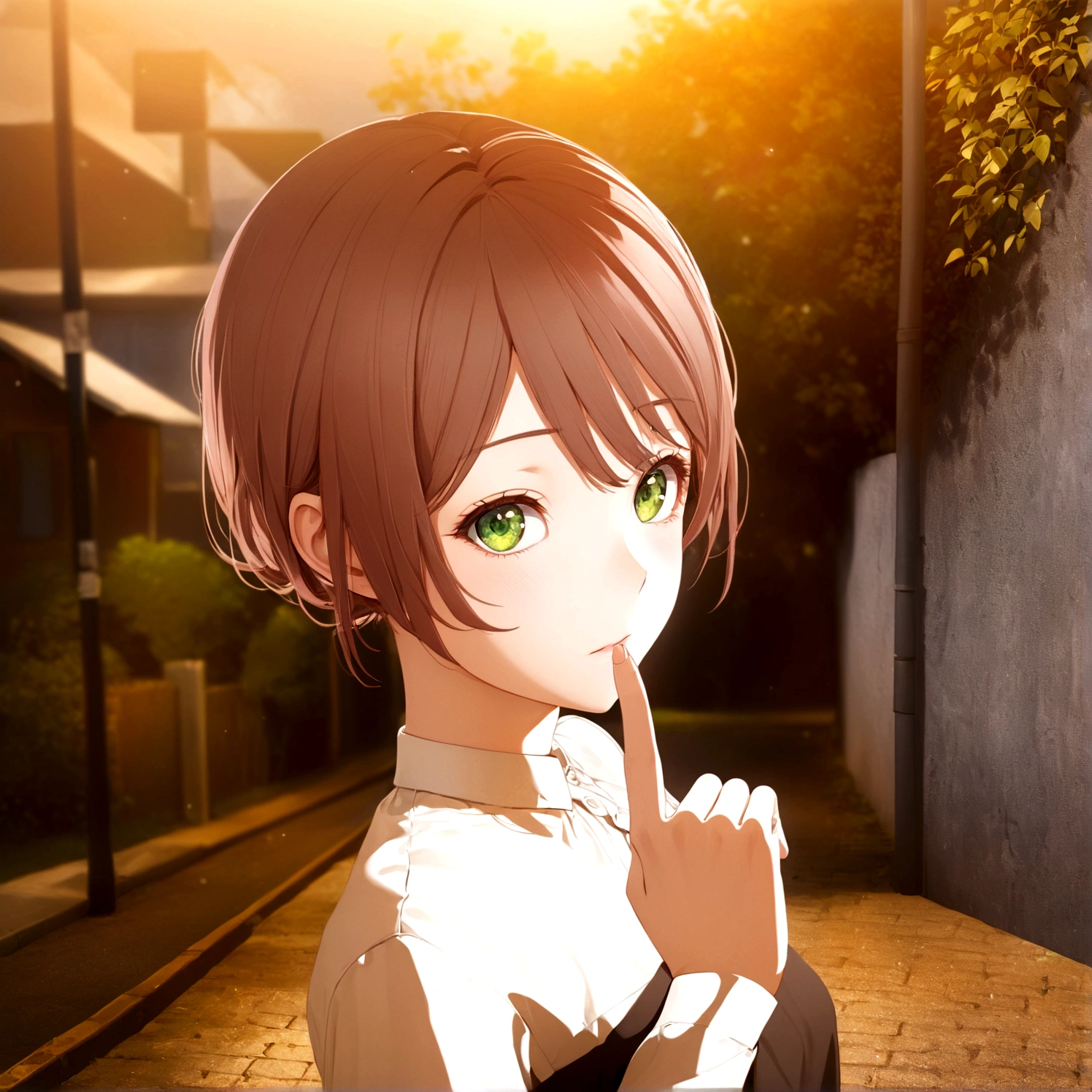 Hold up the index finger of your right hand、anime girl with brown hair and green eyes standing on a street, realistic anime 3 d style, smooth anime cg art, made with anime painter studio, anime style. 8K, anime. Soft lighting, anime styled 3d, semirealistic anime style, photorealistic anime girl render, painted in anime painter studio, realistic young anime girl, semi realistic anime