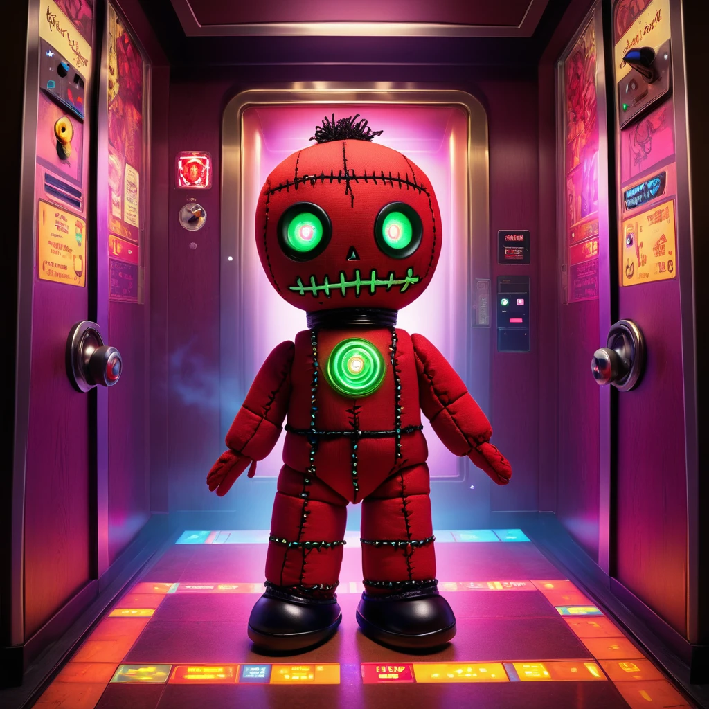 (knitted toy voodoo doll:1.7), (Voodoo Elevator Ride:1.3), (Clothing: casual outfit with glowing button symbols:1.0), (Accessories: enchanted elevator buttons emitting sparks of ascent magic, levitating spectral floor indicators:1.1), (background: mystical elevator with floating control panel, glowing floor numbers, and spectral passengers:1.2), best quality, masterpiece, detailed soft oil painting, detailed background, dramatic cinematic lighting, soft edge lighting, professional, dramatic lighting, hard edge lighting, ultra quality, 4k,masterpiece, best quality, 8k, ultra highres, highres, extremely detailed