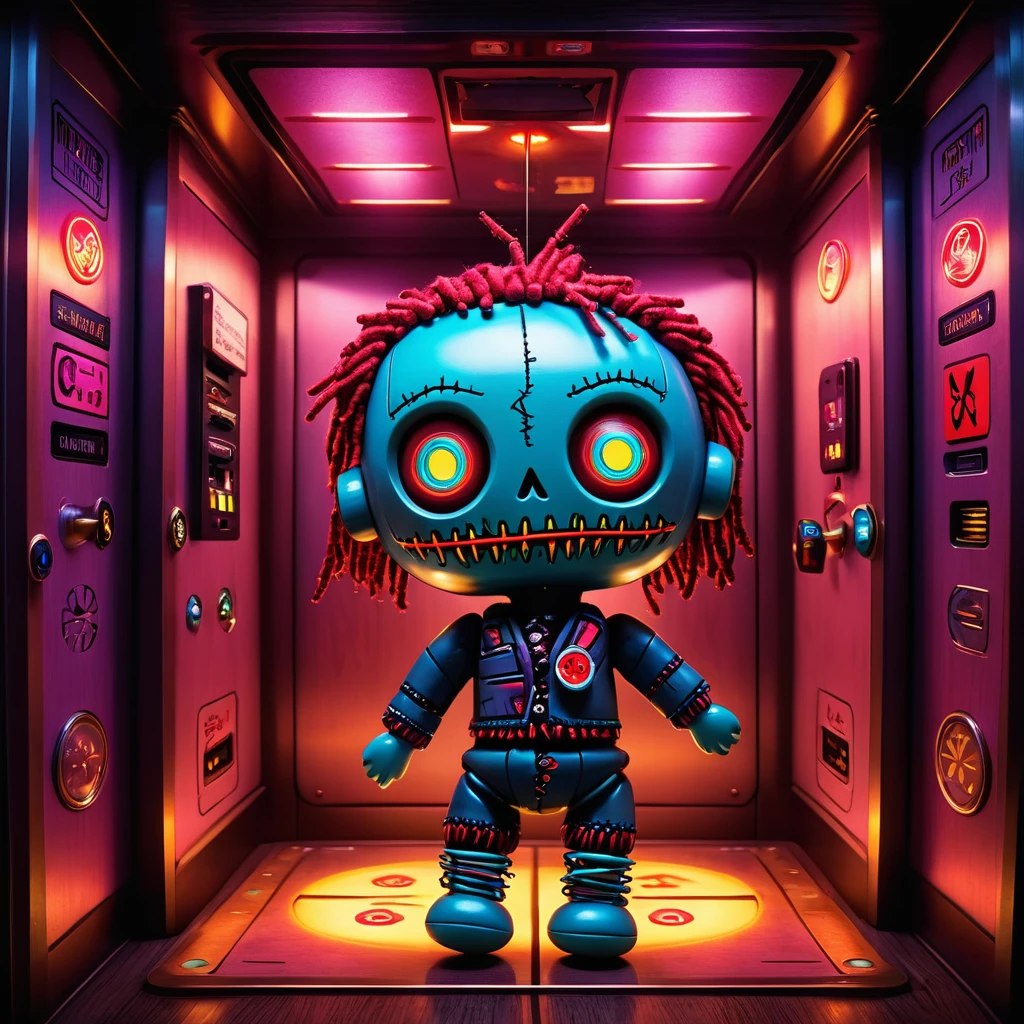 (knitted toy voodoo doll:1.7), (Voodoo Elevator Ride:1.3), (Clothing: casual outfit with glowing button symbols:1.0), (Accessories: enchanted elevator buttons emitting sparks of ascent magic, levitating spectral floor indicators:1.1), (background: mystical elevator with floating control panel, glowing floor numbers, and spectral passengers:1.2), best quality, masterpiece, detailed soft oil painting, detailed background, dramatic cinematic lighting, soft edge lighting, professional, dramatic lighting, hard edge lighting, ultra quality, 4k,masterpiece, best quality, 8k, ultra highres, highres, extremely detailed
