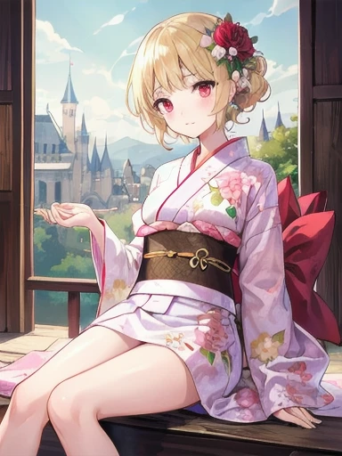 a blonde、Red eyes、Beautiful girl alone、Sexy、Princess Cut、Floral Kimono、Western-style castle、Meticulous feet、Fingers arranged neatly
