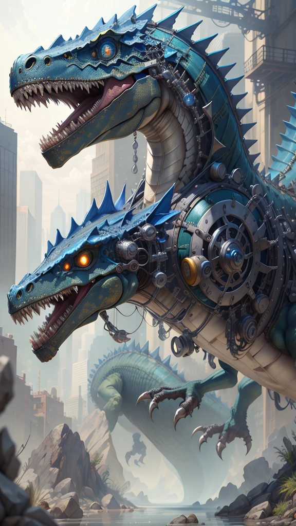 一只Mechanical dinosaur在海洋里遨游,Mechanical dinosaur,Prehistoric monsters,Mechanical structure,Ultra-clear,Lots of details